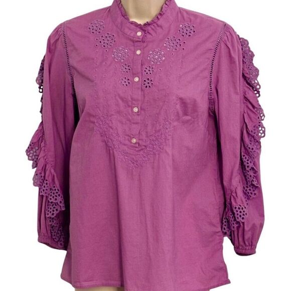 Vintage 90s J. Crew Purple 3/4 Sleeve Button Down V-Neck Scalloped #Lace Fringe - Picture 2 of 6